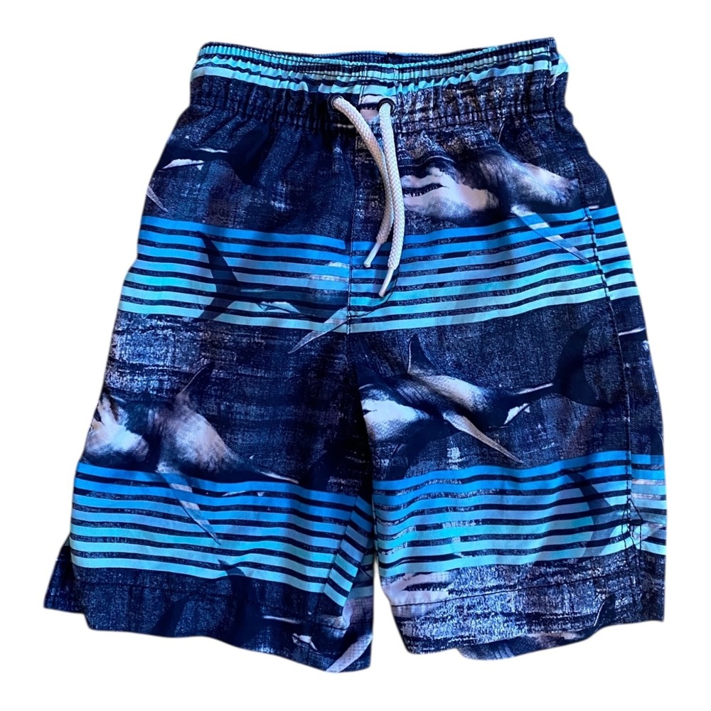 Place Sport Boys Swim Trunks Small 5/6 Blue Striped Shark Print Drawstring
